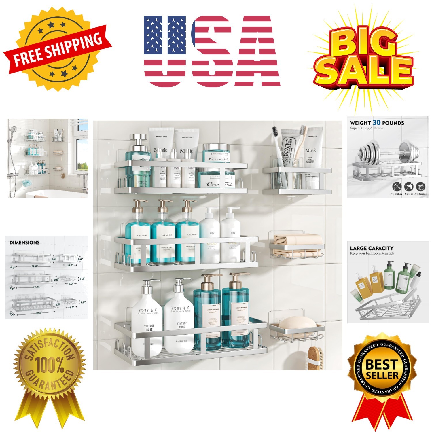 Shower Caddy 6 Pack, Adhesive Shower Shelves with Soap Holder, No Drilling Ru... gallery