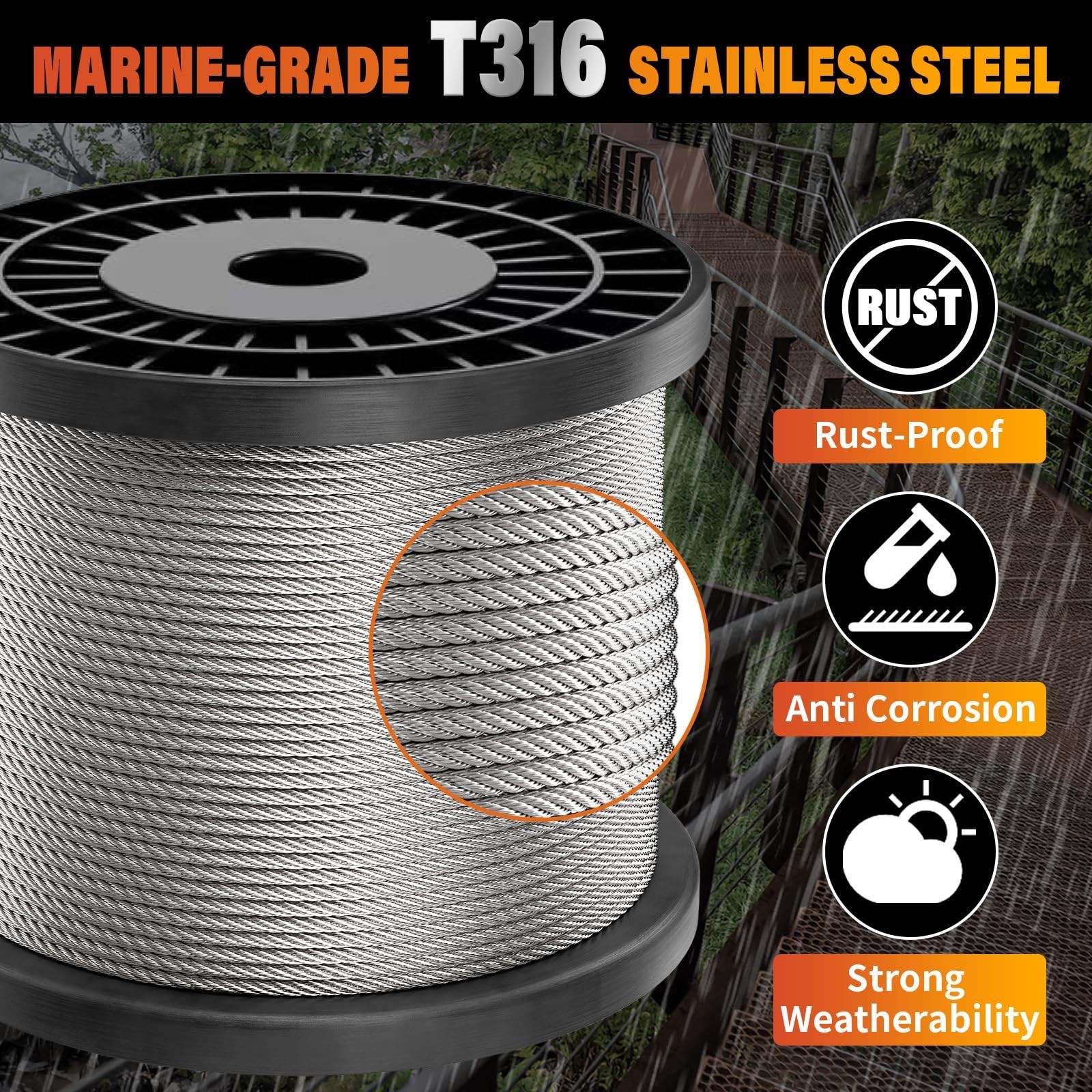 Stainless Steel Cable for Railing - 200FT 1/8" T316 Wire Rope Cable for Deck ... gallery