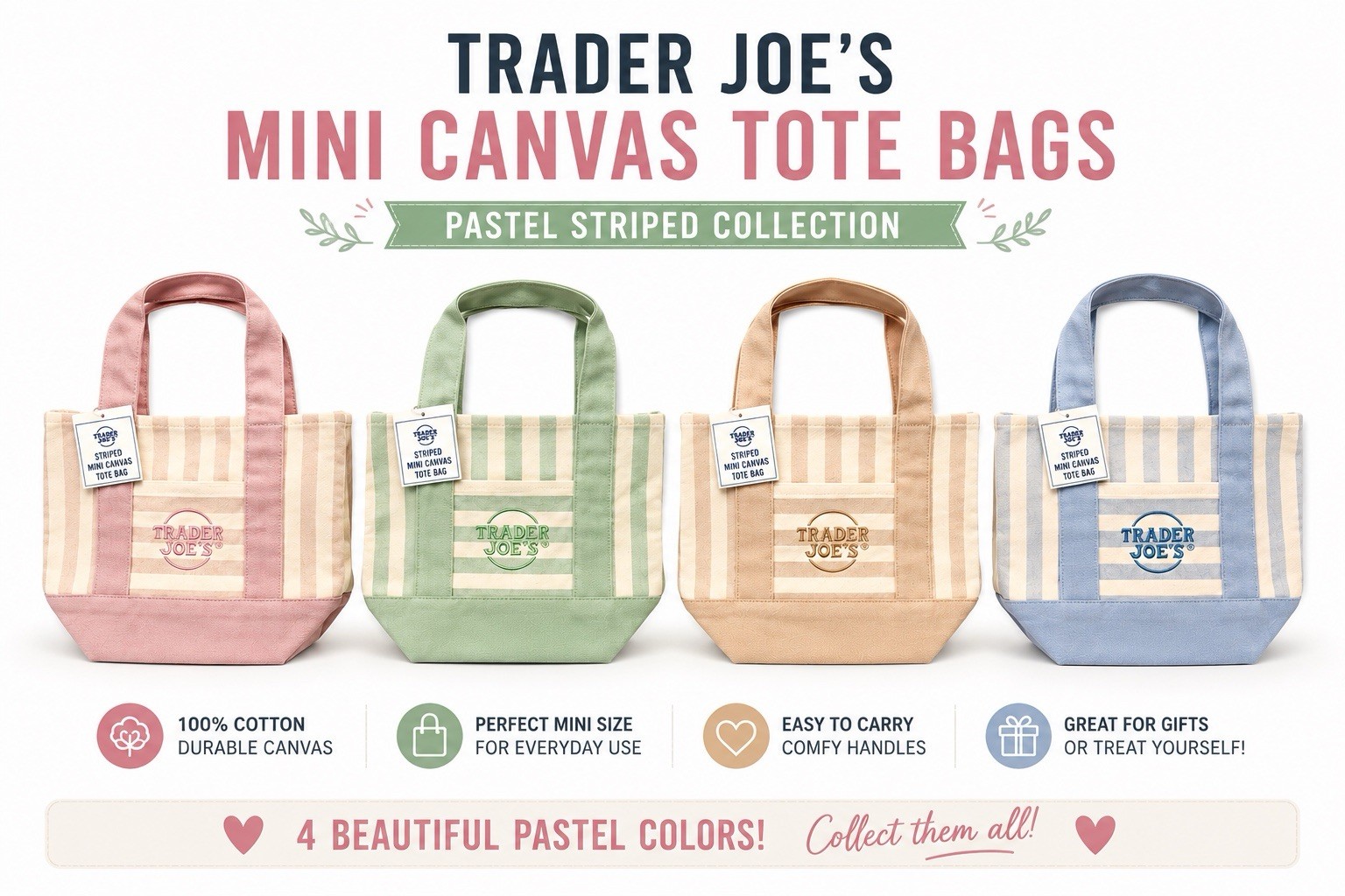 Trader Joe’s Mini Canvas Tote Bag Bundle Set of 4 Pastel Colors NWT gallery