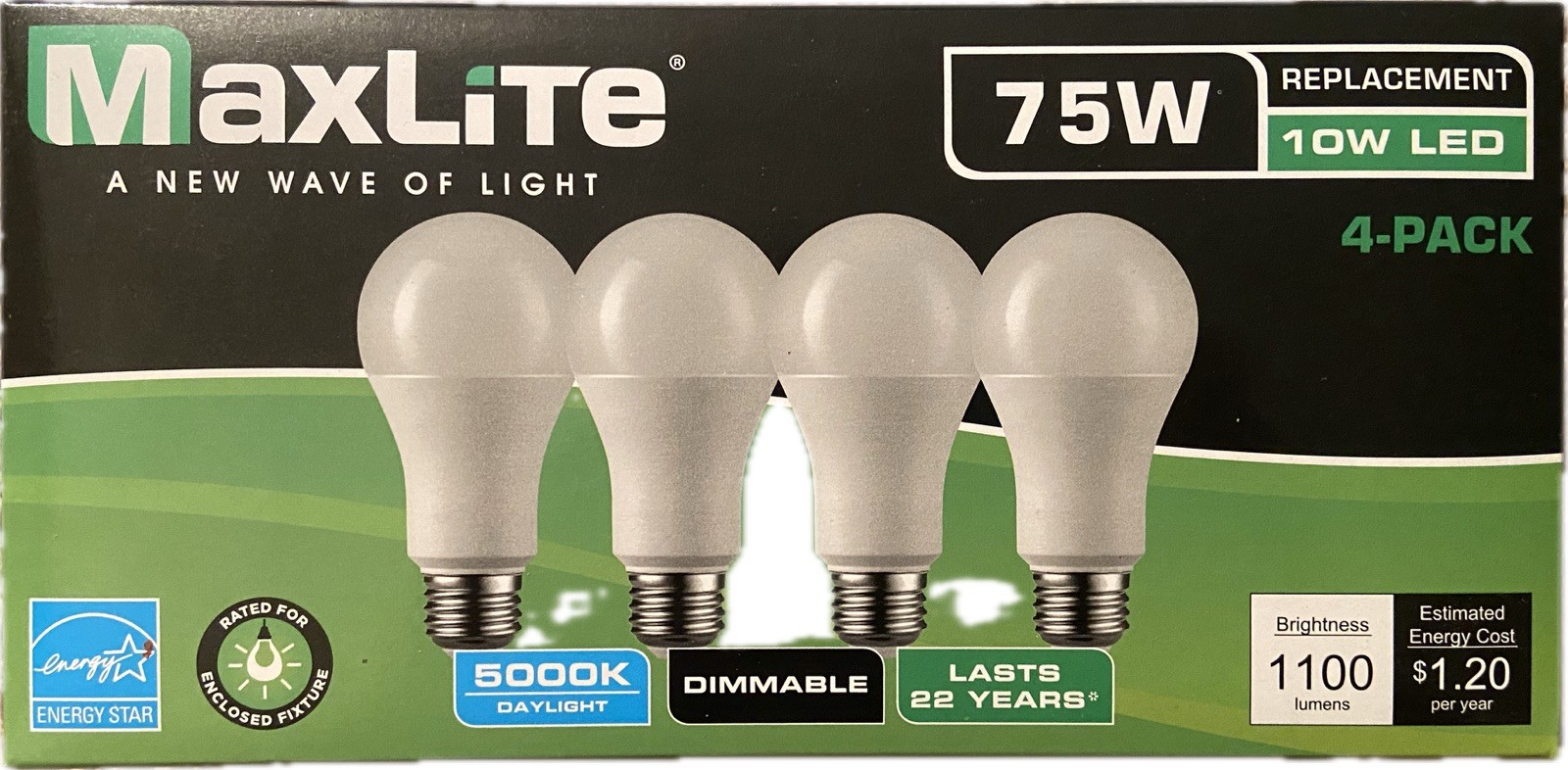 MaxLite A19 Dimmable LED Bulb 75W Replacement 10W 5000K Daylight 1100 Lumen 4pk gallery