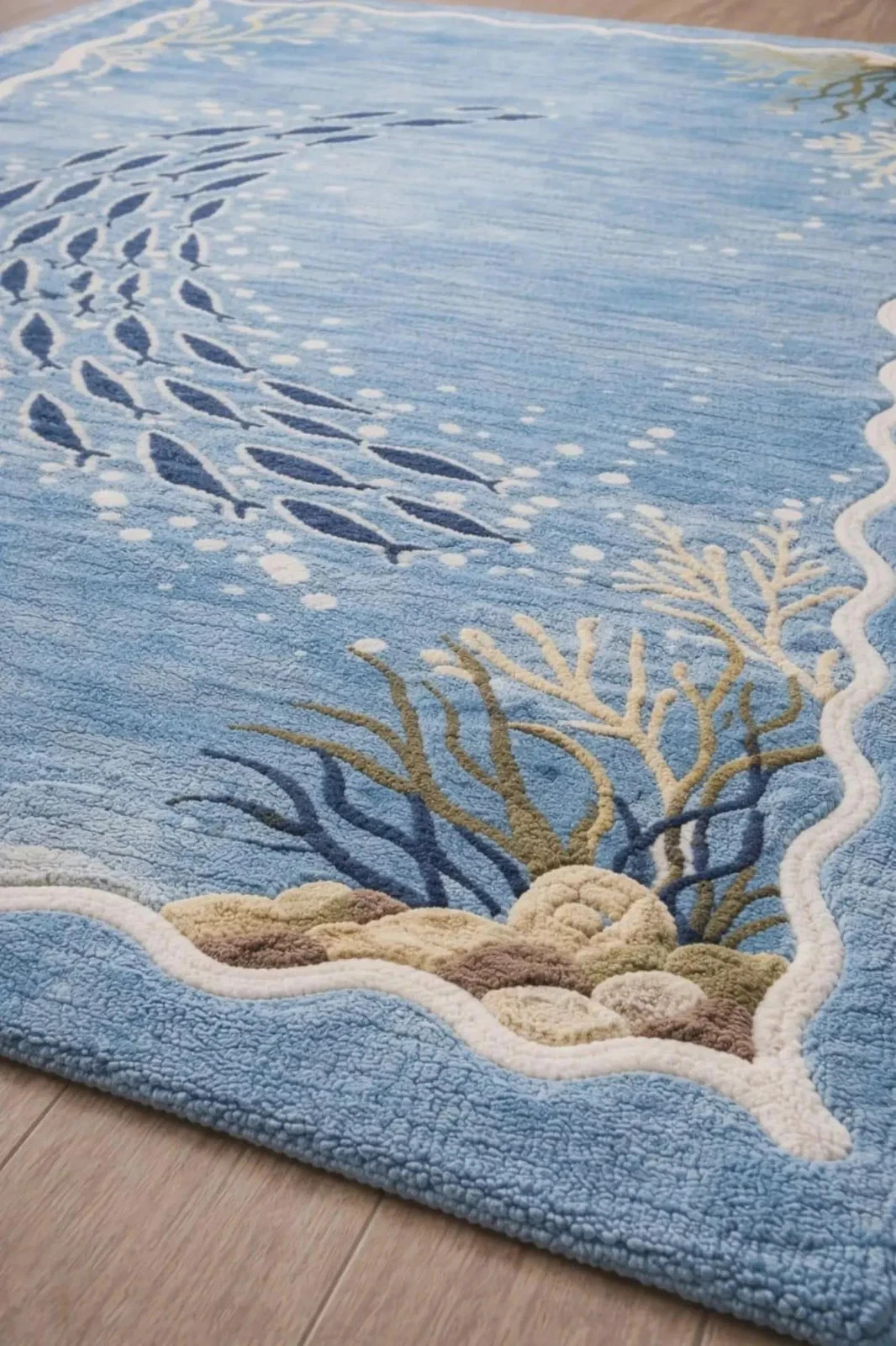 Handmade Wool Area Rug, Nautical Ocean Fish Pattern, Modern Coastal Room Carpet gallery