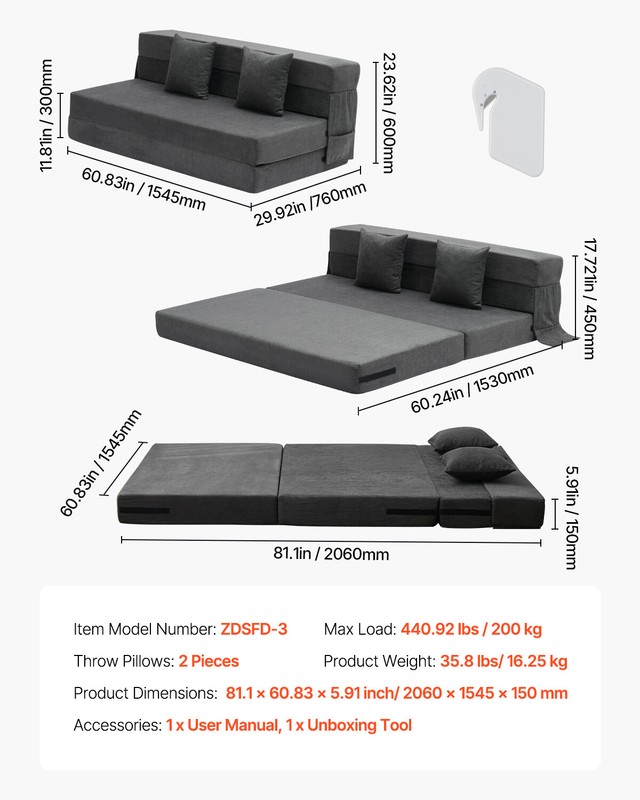 Folding Sofa Bed 3-in-1 Foldable Couch Bed with 2 Pillows Dark Grey Queen gallery