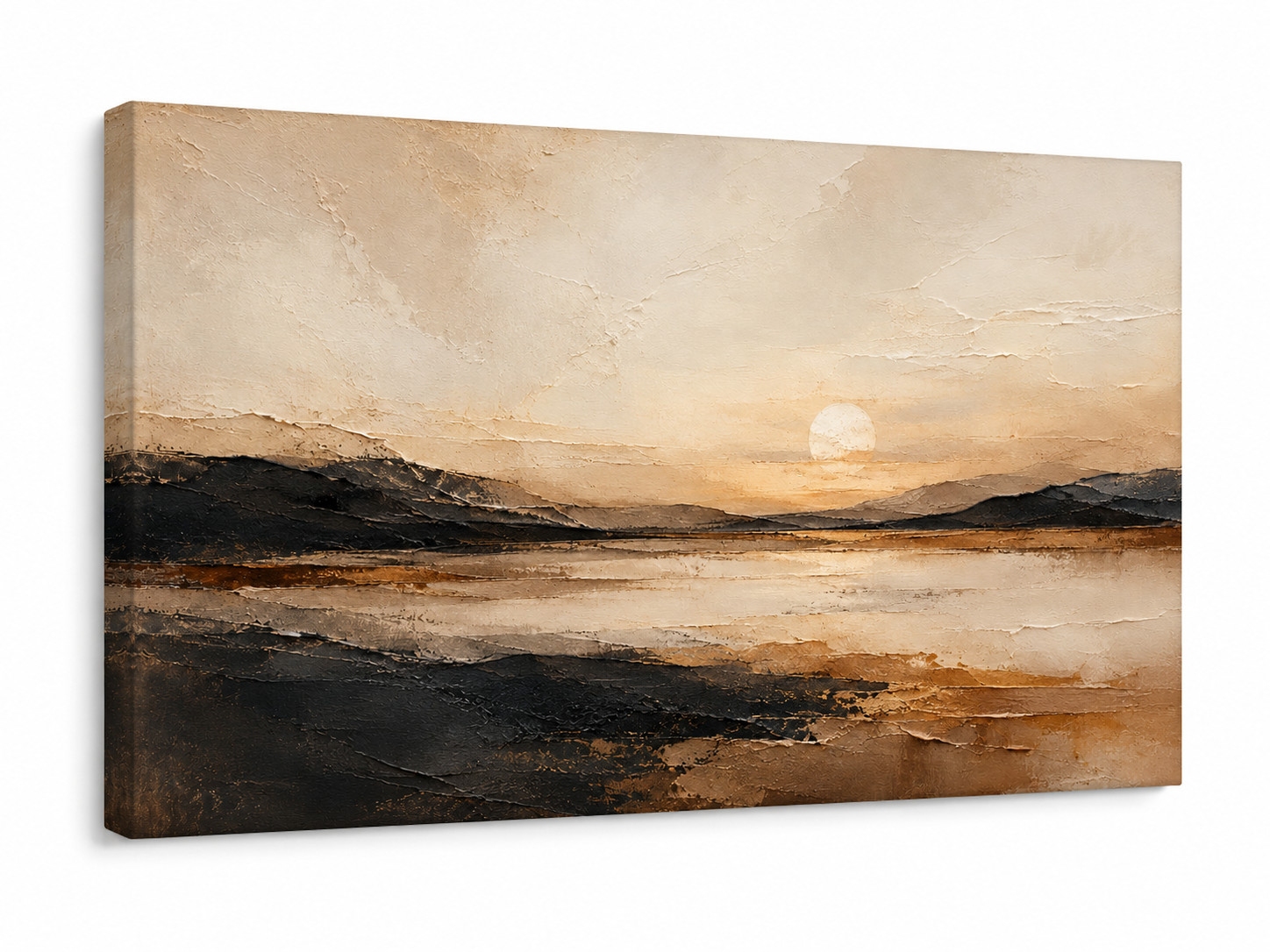 Textured Sunset Landscape Canvas Wall Art Framed Neutral Abstract Lake Print gallery