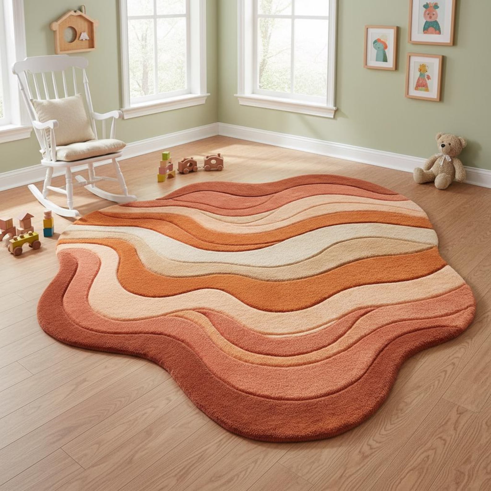 Modern Abstract Wave Rug 3D Sculpted Pile Irregular Shape Rust Orange Cream 5x7 gallery
