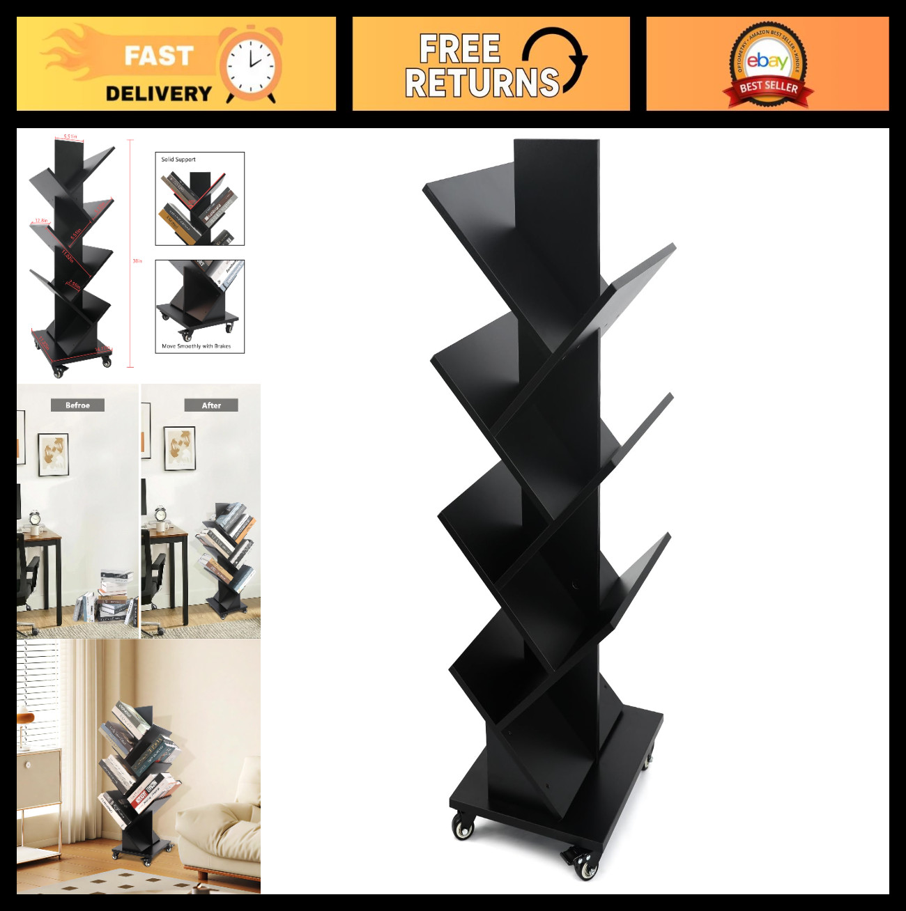 360° Rotating 7-Tier Bookshelf - Space-Saving Corner Shelf for Small Spaces, Bla gallery