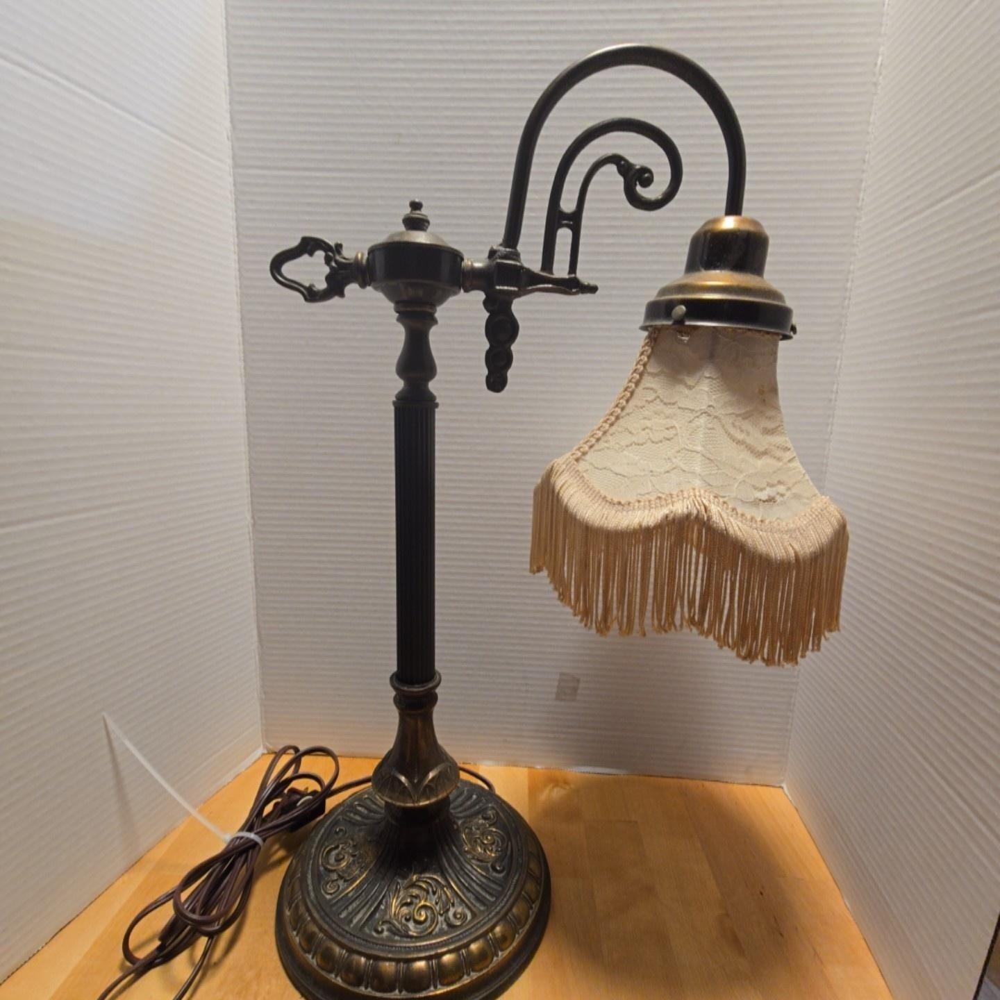 Victorian Style Metal Table Desk Lamp Lace Fringe Bell Shade Antique Bronze gallery