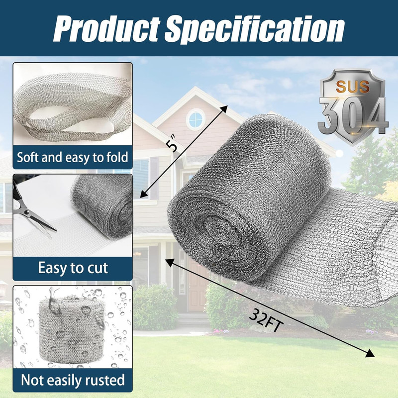 Wire Mesh for Mice Control 5"×32FT, Stainless Steel Mesh Gap Blocker, Hole Fill gallery