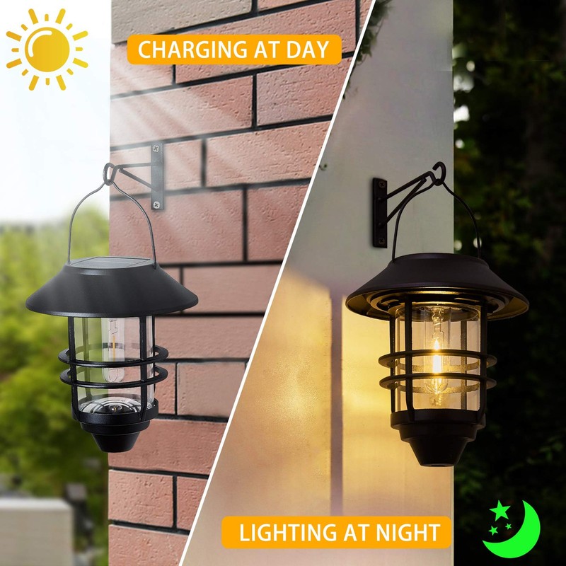 SOLAR LANTERN Hanging Wireless Lights Garden Porch Fence Black 2 Pack DERYNOME gallery