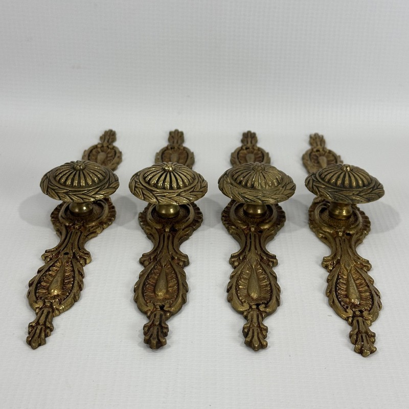 Vintage Solid Brass Cabinet Knobs w Backplate Set 4 Spain Baroque Rococo gallery