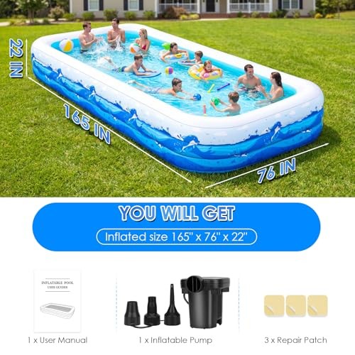 Extra Large Inflatable Pool for Adults, 165"x76"x22" Full-Sized Blow Up Blue gallery