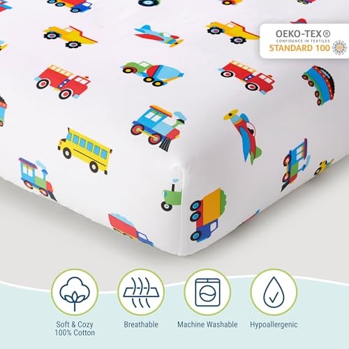 100% Cotton Toddler Sheet Set – Soft & Cozy Bed Sheets Trains, Planes, Trucks gallery