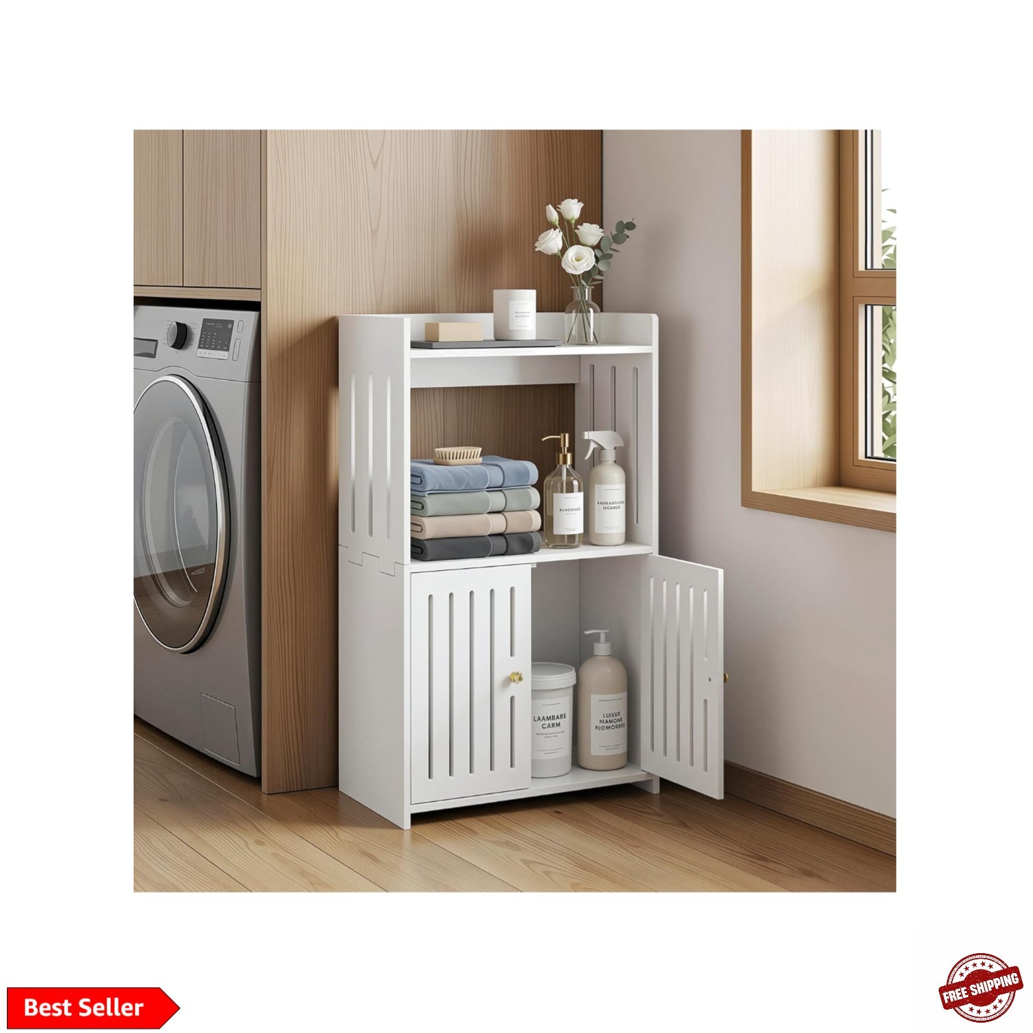3-Tier Bathroom Storage Cabinet, Small White Floor Cabinet Freestanding Organ... gallery