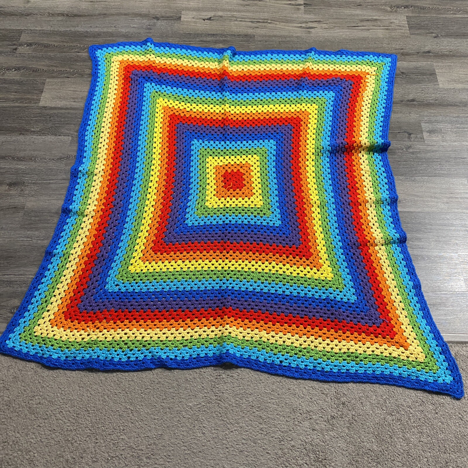 VINTAGE Afghan Throw Blanket 56x65 Handmade Granny Square Crochet Multicolor 90s gallery