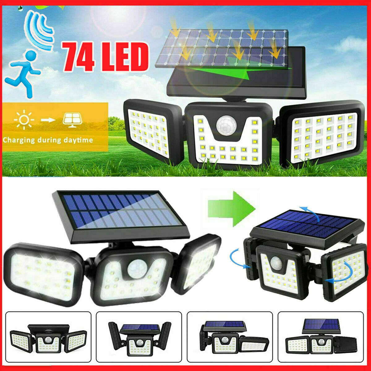 Solar Lamp Security Lights Motion Sensor 3 Head 6000LM Adjustable Flood Lights gallery
