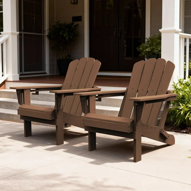 2pcs All-Weather HDPE Folding Adirondack Chair Fire Pit Chair w/Cup Holder,Brown gallery