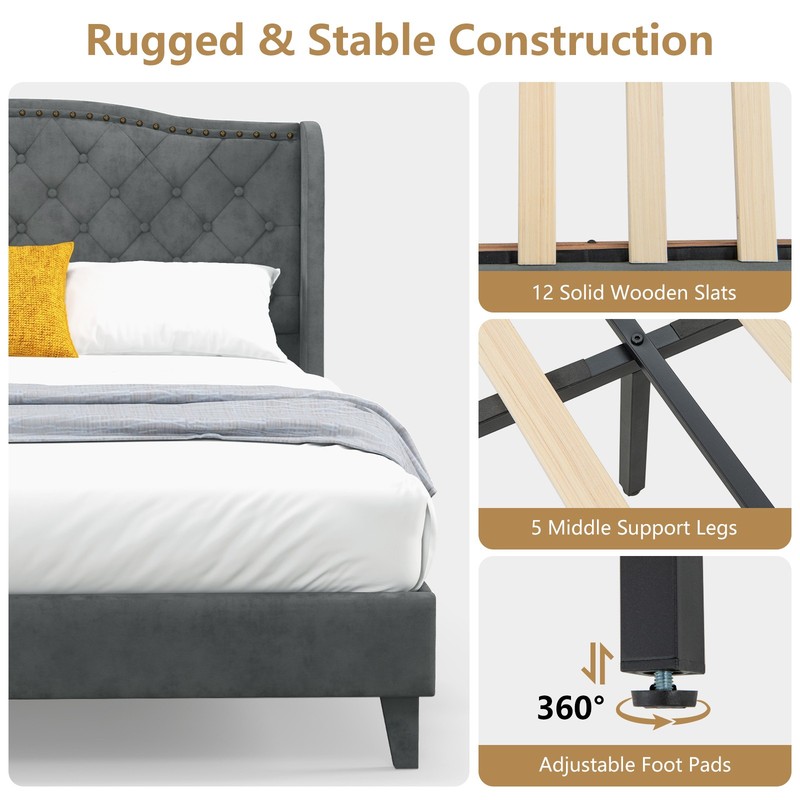Full Upholstered Bed Base Bed Frame w/ High Density Sponge Padded Headboard Grey gallery