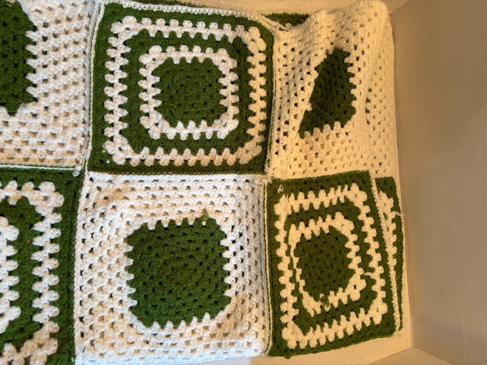 Hand Made Crocheted Throw Blanket Green and White Squares 39inches X 53inches gallery