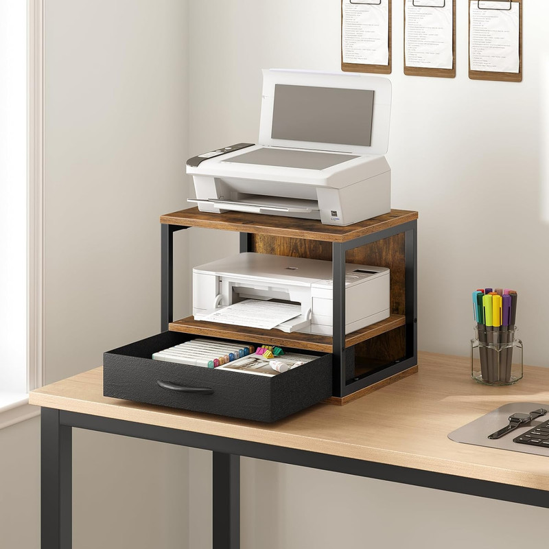 2-Tier Desktop Printer Stand with Drawer, Under-Desk Printer Table with Storage gallery
