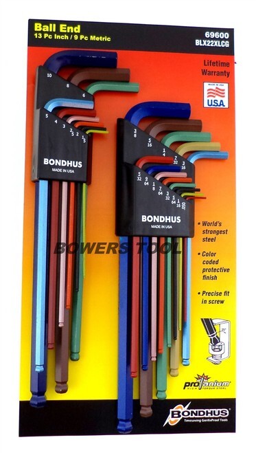 Bondhus 22pc ColorGuard Hex Wrench Set Ball End Metric SAE L Standard Inch USA gallery
