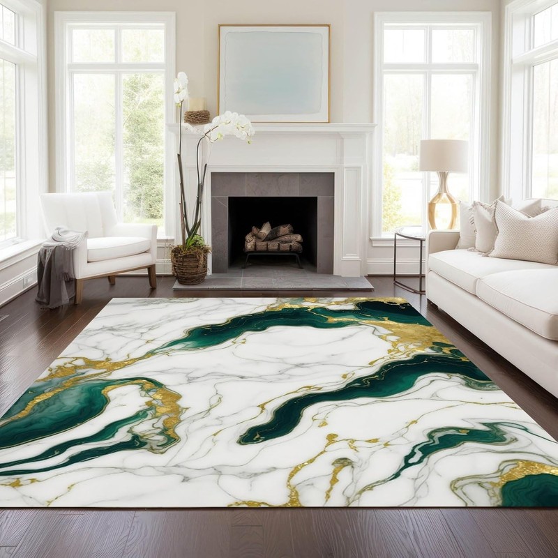 Marble Swirl Modern Abstract Emerald Green Grey Gold Area Rug for Living Room... gallery