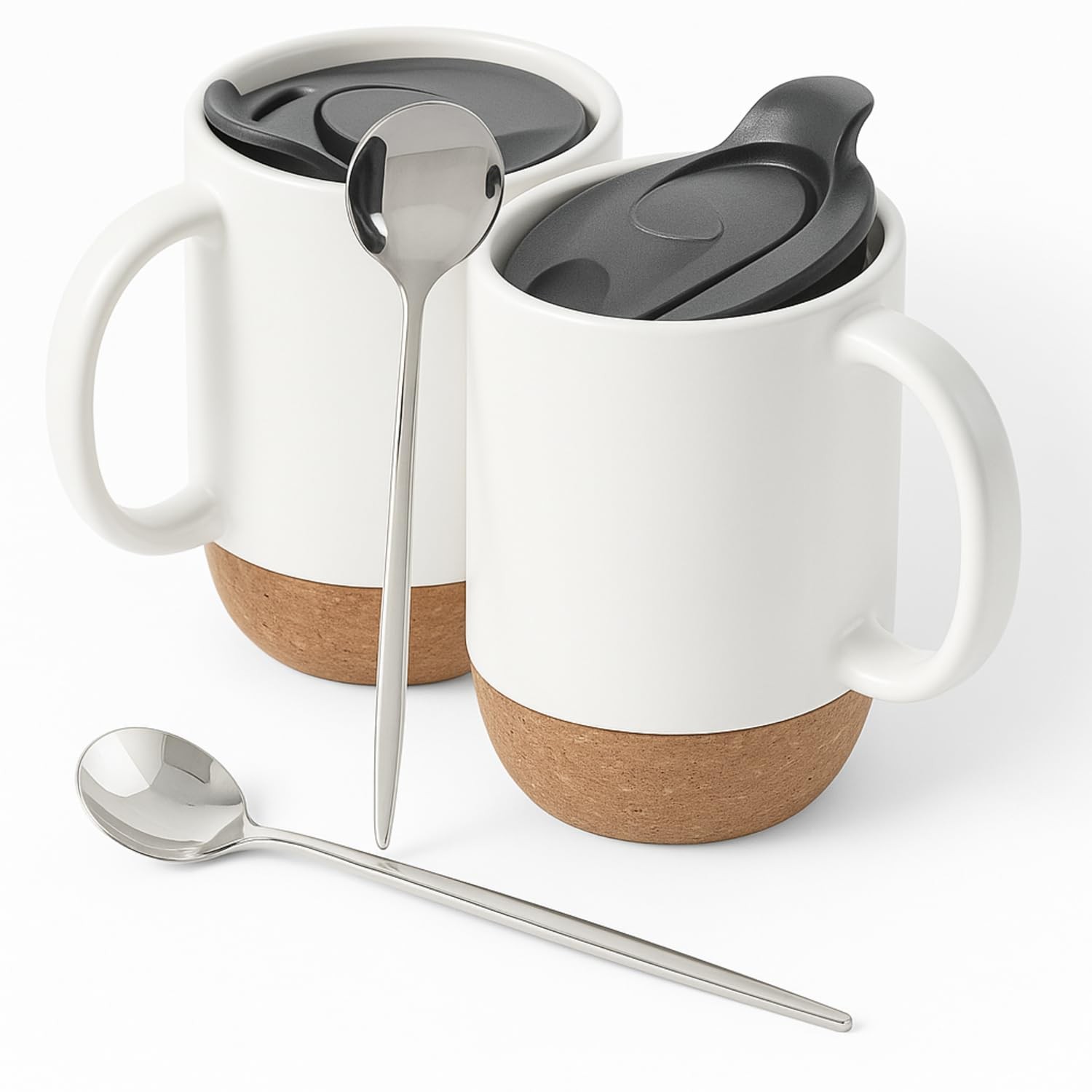 Coffee Mugs Set 2 15oz Ceramic Cups Lid Cork Bottom Spill-Resistant White gallery