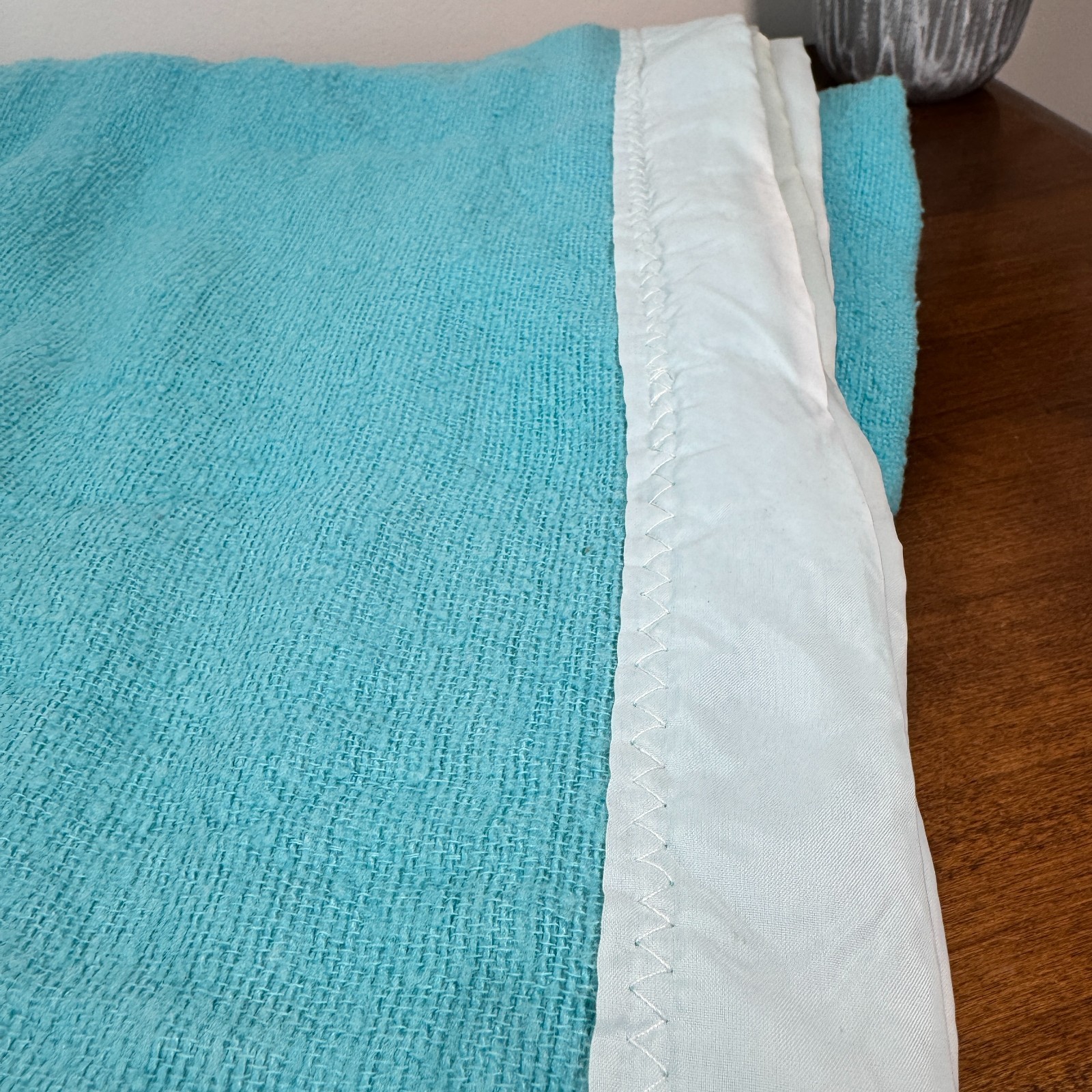 Vintage Blanket Polyester 72x84 Twin and Full Size Bed Teal/Aqua Blue Satin Trim gallery