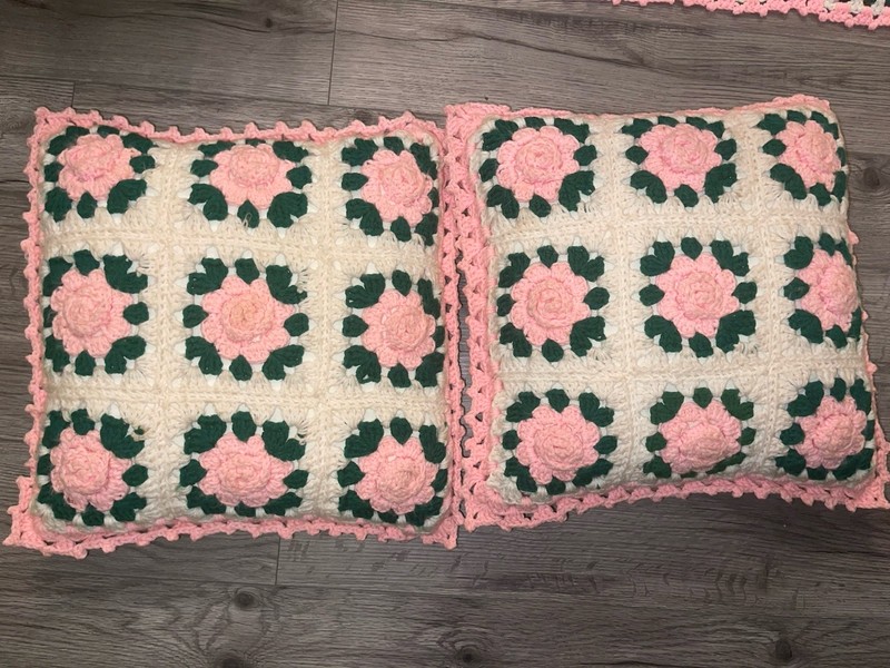 Handmade Crocheted Granny Square 3D Rose Floral Afghan Blanket 79”X72” & Pillow gallery