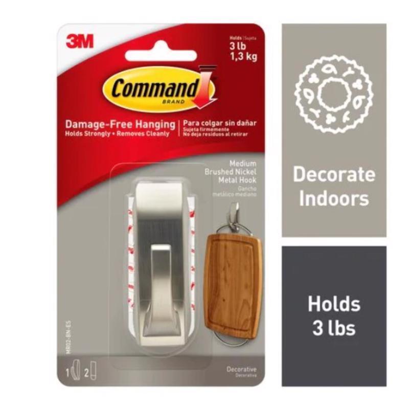 3M Command 3-1/8 in. L Brushed Nickel Metal Medium Hook gallery