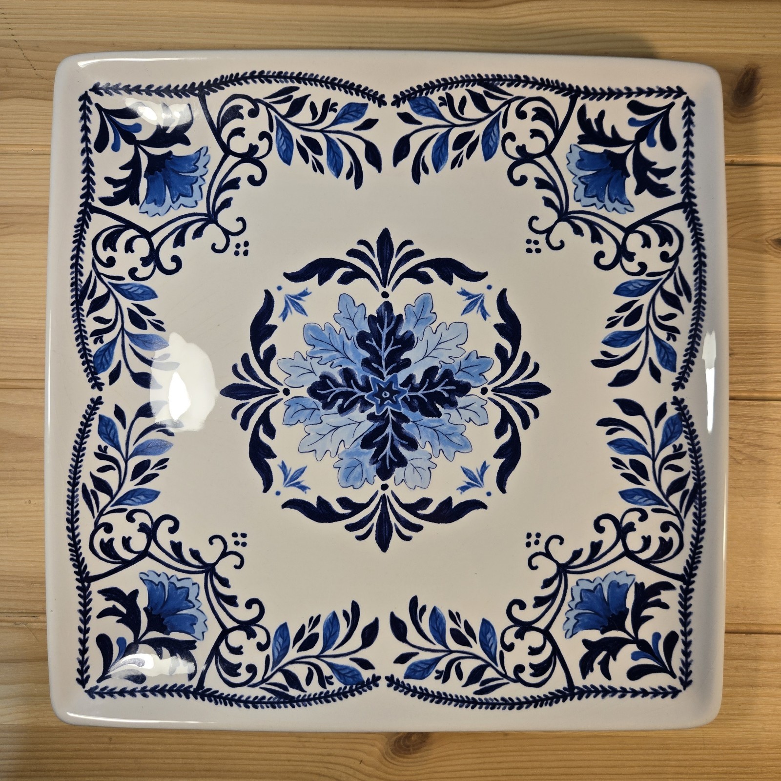 Cracker Barrel Blue & White Floral Ceramic Serving Platter Majolica Tile Style gallery