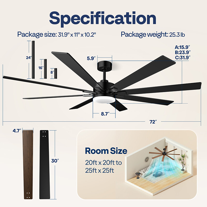 72'' Flush Mount LED Ceiling Fan with Light & Remote 6+1 Speeds, 3CCT, Dimmable gallery