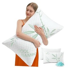 Memory Foam Pillows, Cooling Pillows Queen Queen (Pack of 2) Green-white Bamboo