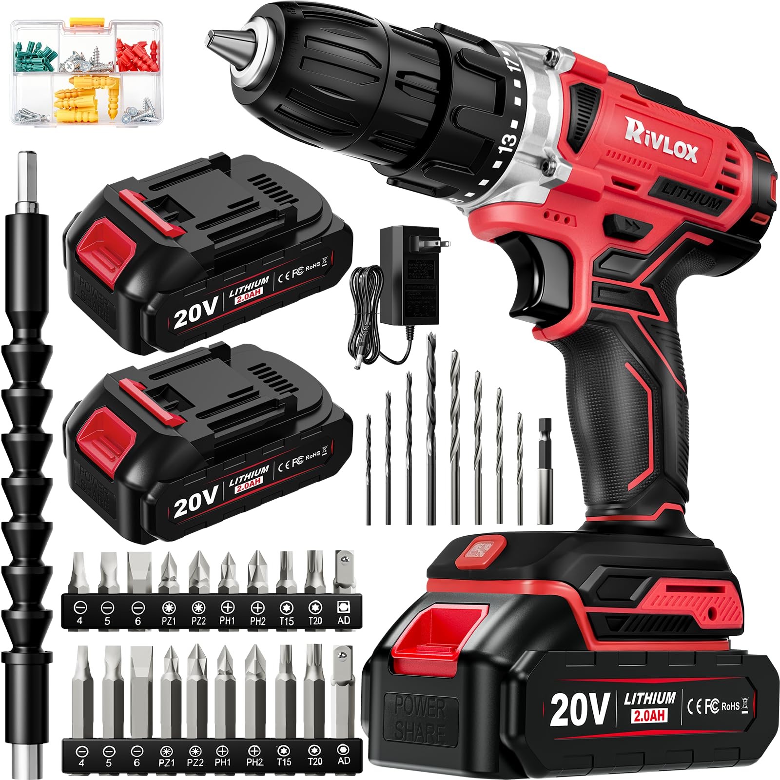 20V Cordless Drill Driver Set 2.0Ah Battery 30Nm 21+1 Torque 34pcs Kit Red gallery