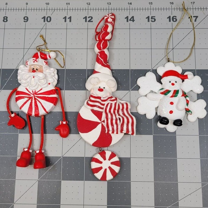 3 Christmas Tree Ornaments Peppermint Candy Swirl Santa Snowman Polymer Clay Vtg gallery