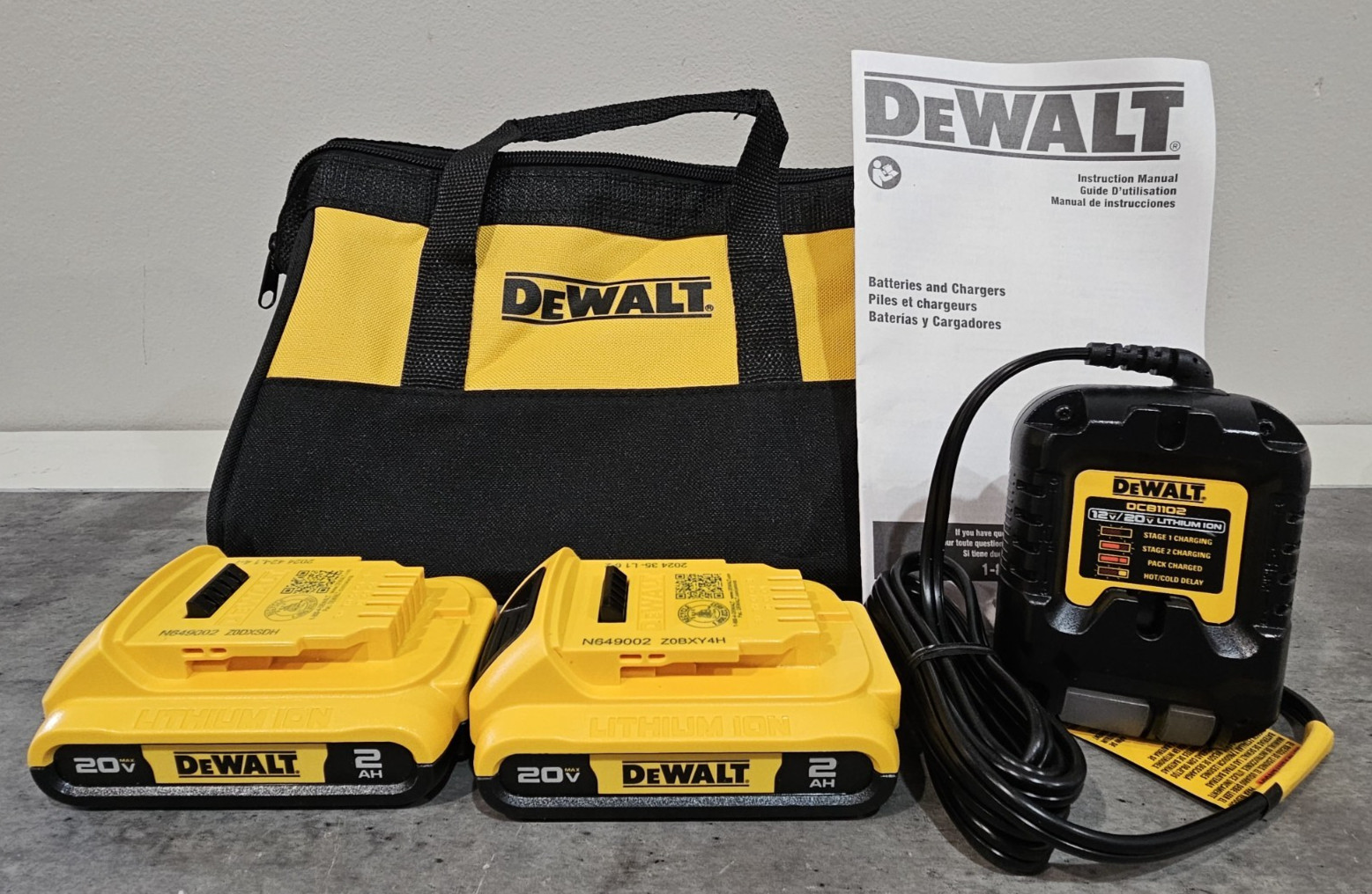DeWALT Starter Kit DCB1102 Charger, 2 DCB203 2 AH 20V Batteries, & 11" Tool Bag gallery