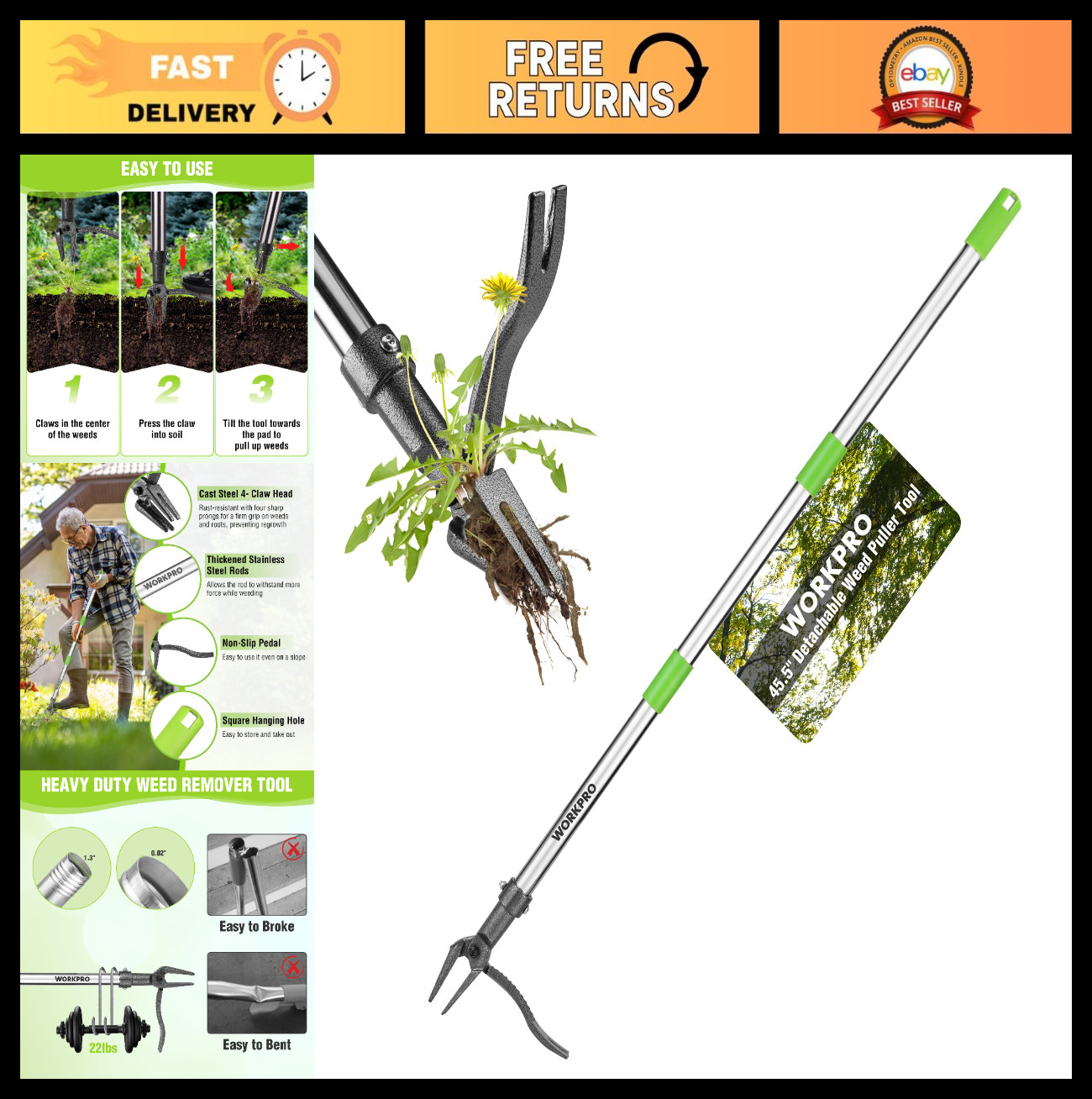 Heavy Duty Weed Puller Tool - Adjustable 33"-46" Handle, 4 Claw Steel Head, Easy gallery