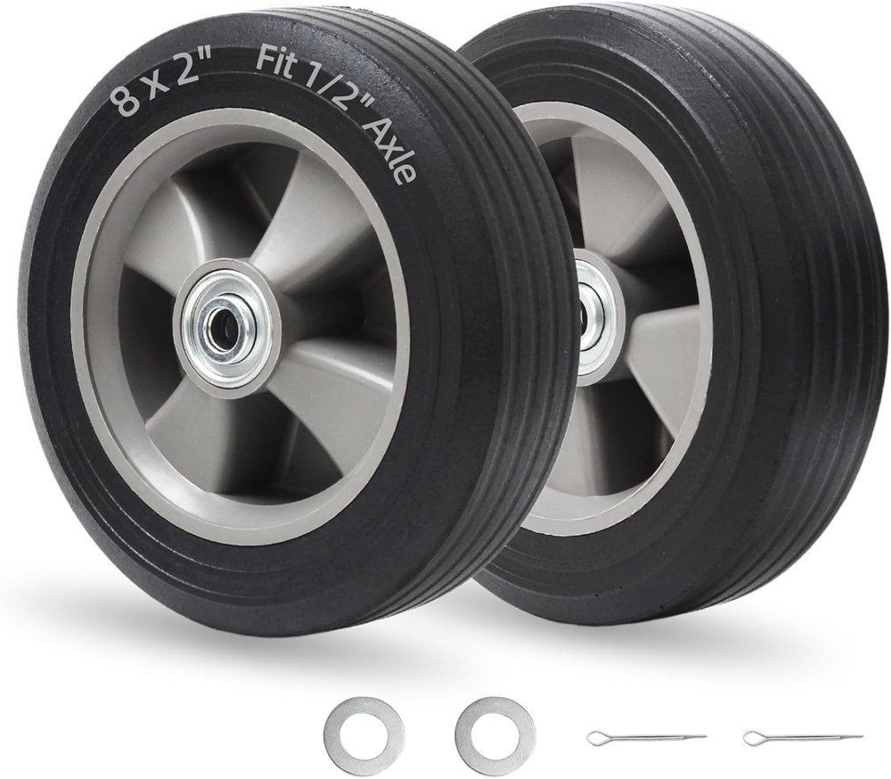 8" X 2" Solid Rubber Flat-Free Tire and Wheel, with Ball Bearings and 1/2” Axle