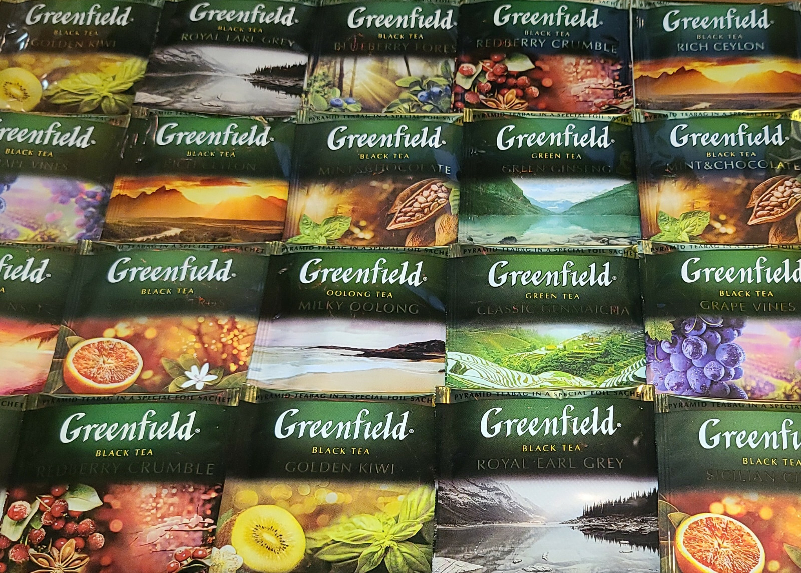 GREENFIELD 24 PYRAMIDS TEA BAG IN a SPECIAL FOIL SACHET SAMPLE PACK 12 FLAVORS gallery