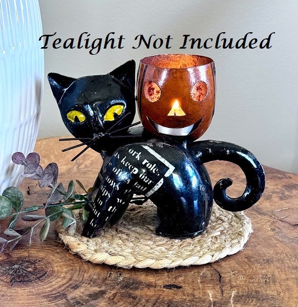 NEW PRIMITIVE HALLOWEEN TEA LIGHT HOLDER BLACK CAT 5"Hx3"Dx6.25"W RECYCLED METAL gallery