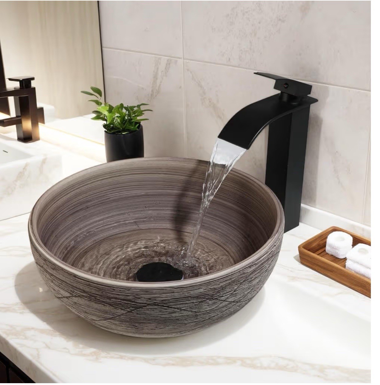 Bathroom Ceramic Basin Bowl Vanity Vessel Sink & Black Mixer Faucet Deck Mounted gallery