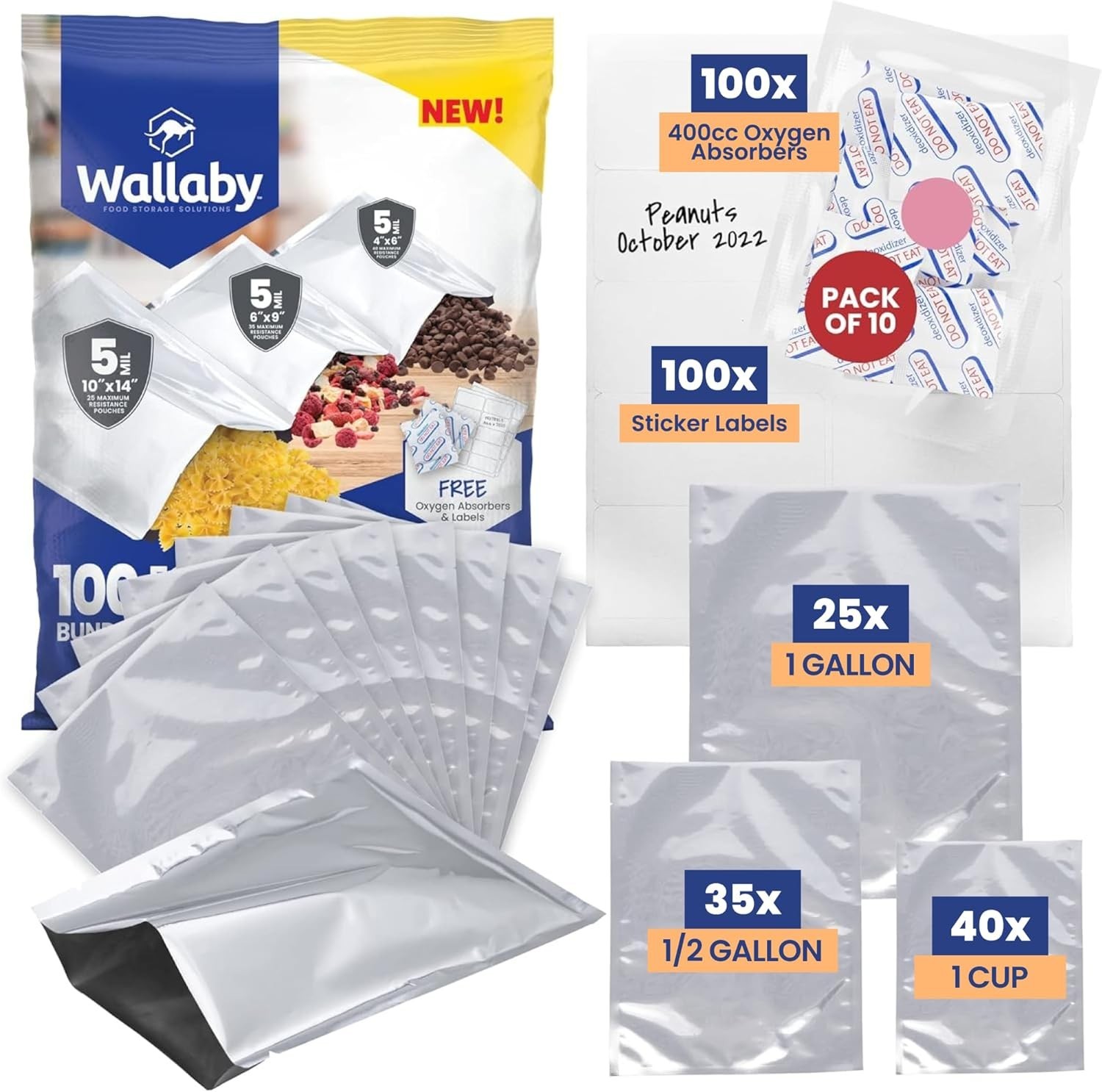 100ct Multi-Size Mylar Bags 400cc O2 Absorbers 10Mil Thick Long-Term Food Storag gallery