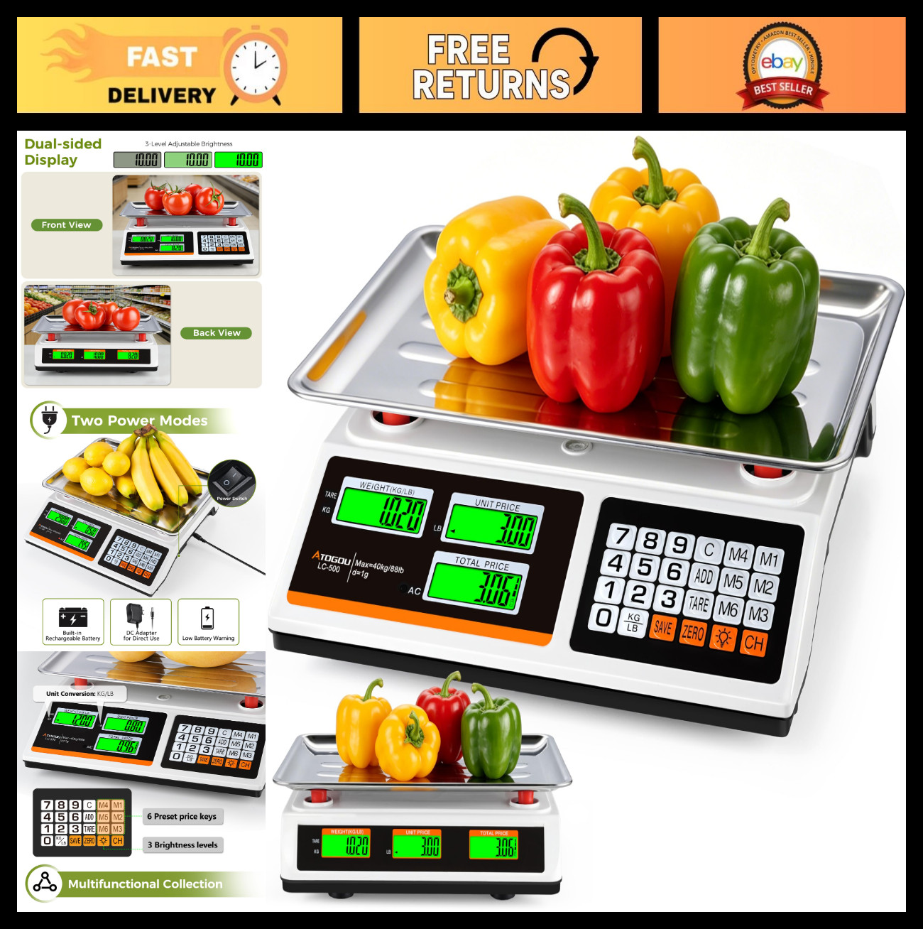 88lb/40kg Price Computing Scale - Dual-Sided Display, Rechargeable, Food & Kitch gallery