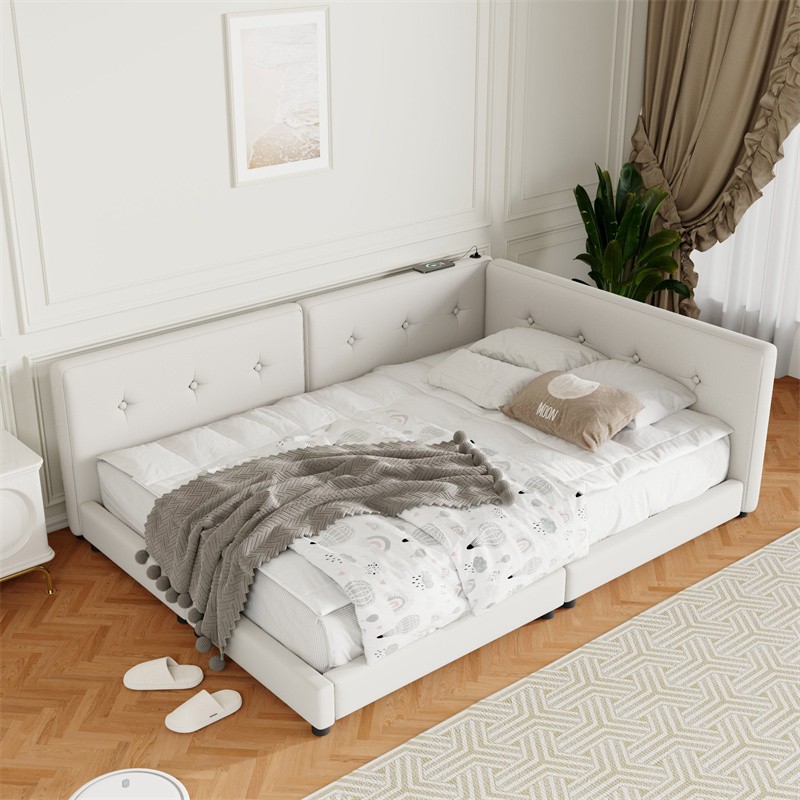 Modern Upholstered Platform Bed Frame Queen Size Daybed with USB Ports,Beige gallery