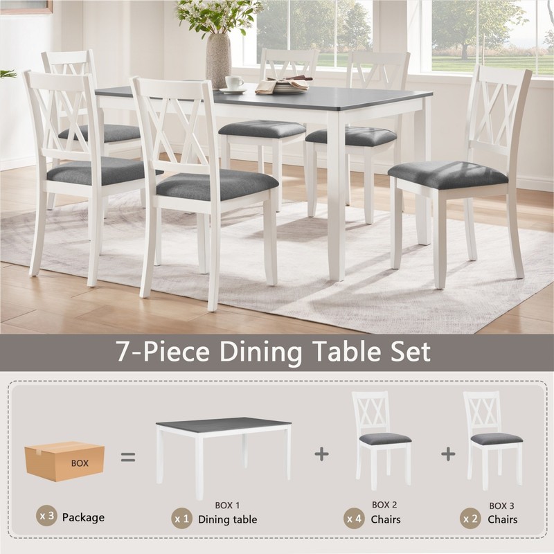 7 Piece Modern Solid Wood Frame Dining Table Set w/ 6 Linen Upholstered Chairs gallery