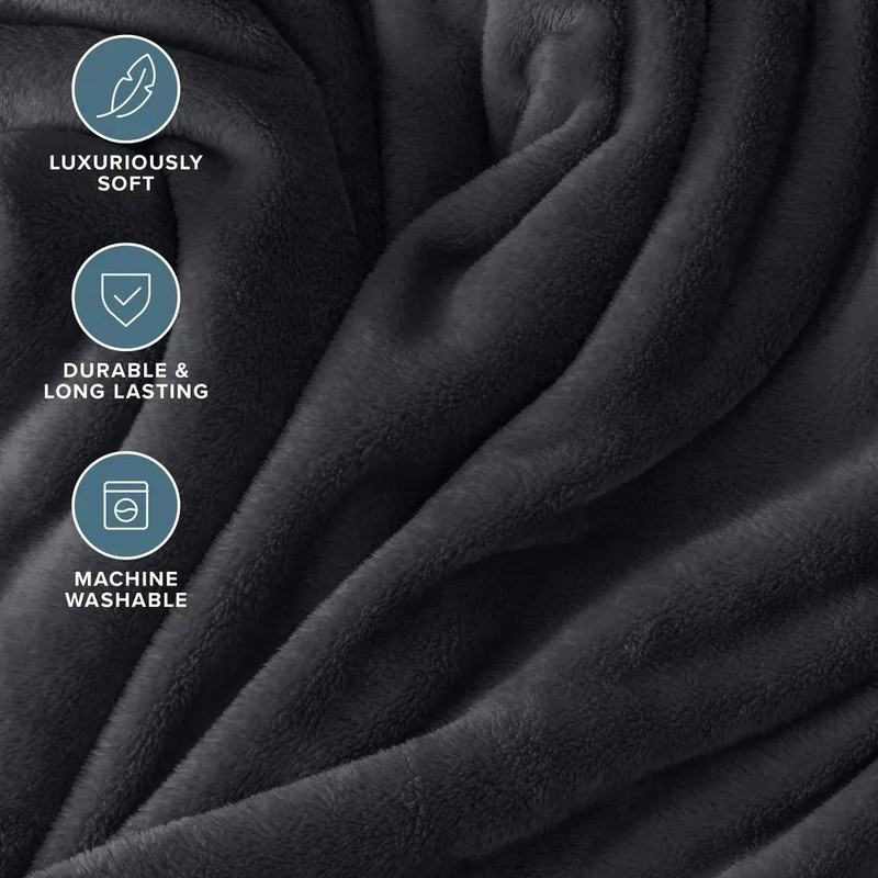 Bare Home XL Throw Fleece Blanket Solid Black Ultra Soft Microplush 50" x 70" gallery