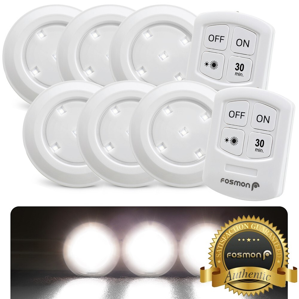 Wireless Stick On Puck LED Tap Light Bright Remote Battery Under Cabinet Closet gallery