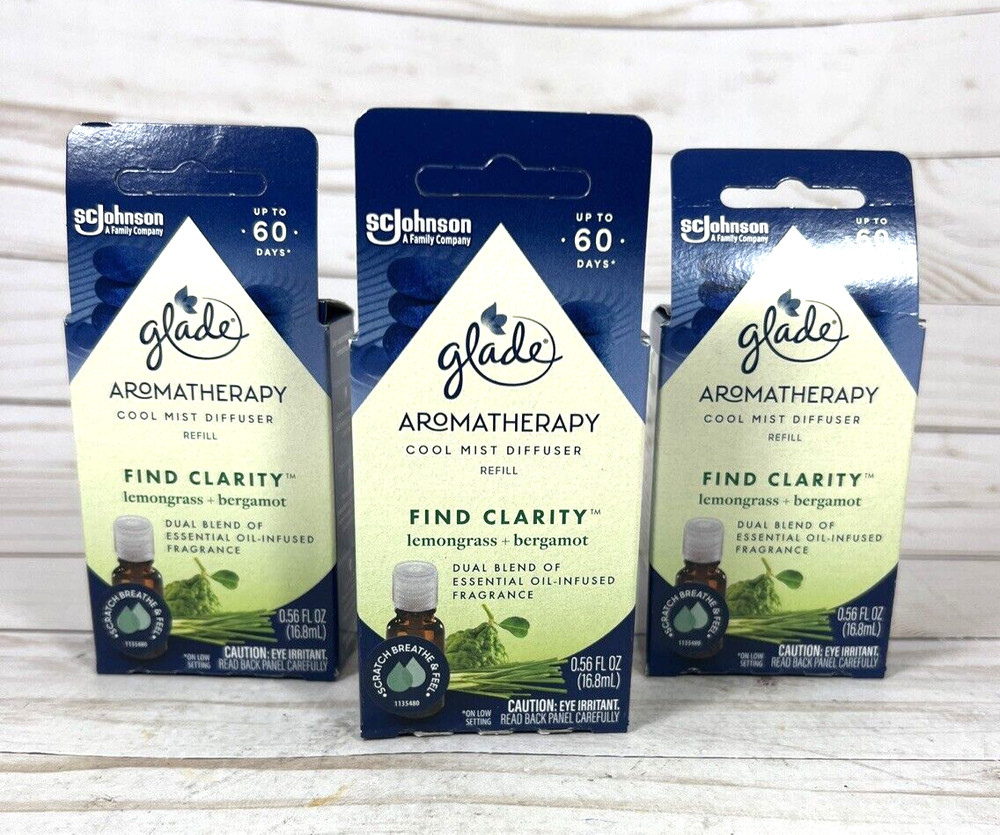 Glade Aromatherapy Cool Mist Diffuser Refill FIND CLARITY Lemongrass Bergamot 3x