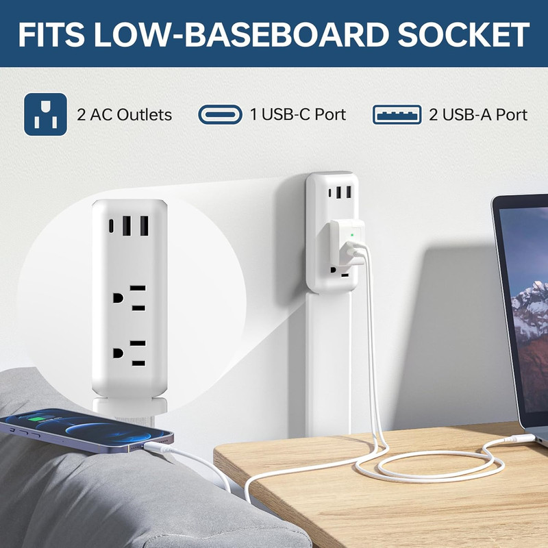 Electrical Outlet Extender with 2 AC Outlets, 2 USB-A, 1 Type-C, Rotates 180°, E gallery