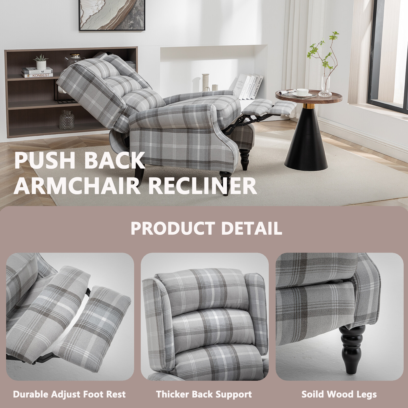 Upholstered Wingback Recliner Chair Plaid Recliner Chair Armchair Reclining Sofa gallery
