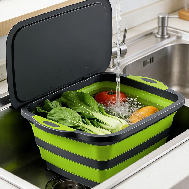 3-in-1 Folding Cutting Boards, Collapsible BBQ Prep Tub with Lid, 9L Containe... gallery