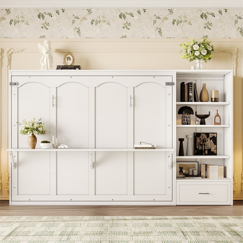 Queen Size Murphy Bed with Height Adjustable Storage Compartments and Drawer